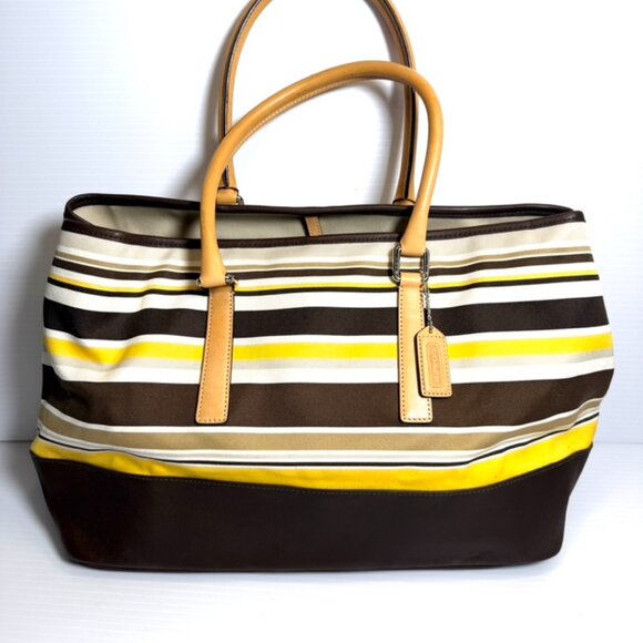 Coach Leather Canvas Striped Brown Yellow & Tan Satchel Bag . New With Tags - Picture 7 of 14